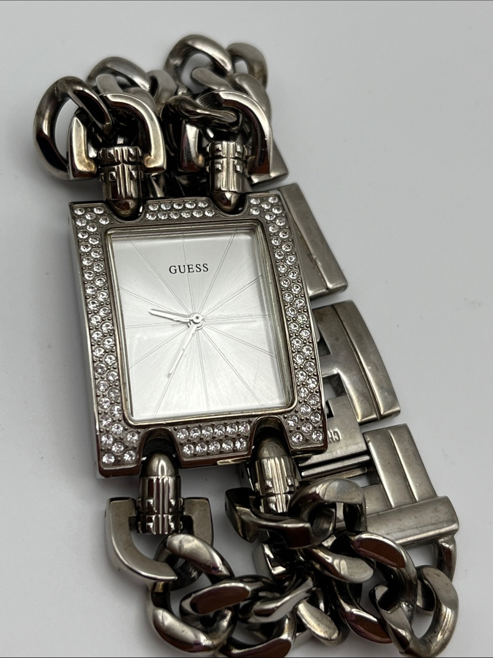 GUESS Silver Crystal-Accented Chain-Link Women's Watch